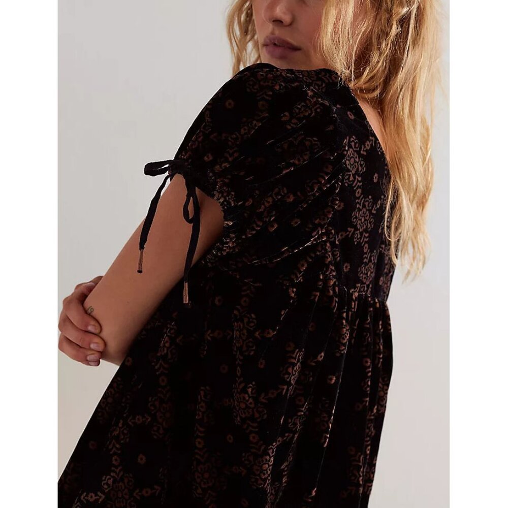 FP Velvet Short Sleeve Square Neck Mini Dress - Black with Metallic Print - Picture 11 of 16